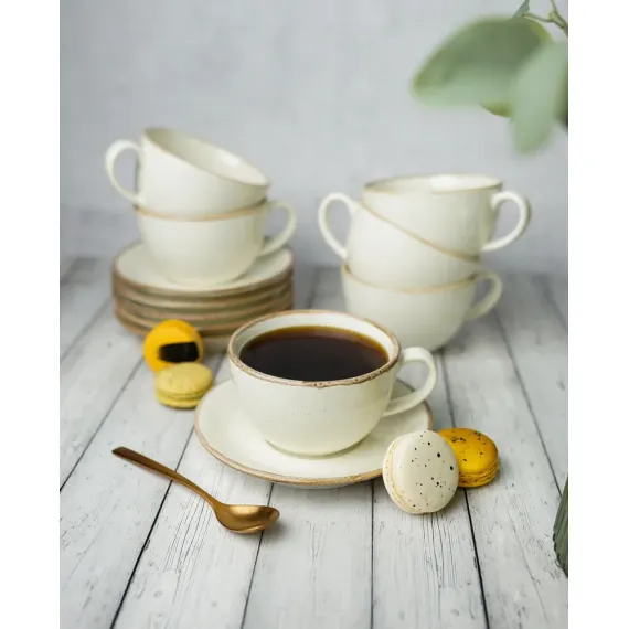 Набор столовой посуды 32 предмета на 6 персон бежевый (салатник - 1 шт., блюдо прямоугольное 32*20 см - 1 шт., чайные пары - 6 шт., тарелка обеденная 24 см - 6 шт., тарелка обеденная 28 см - 6шт., тарелка глубокая - 6 шт.), Seasons, Porland, изображение 3